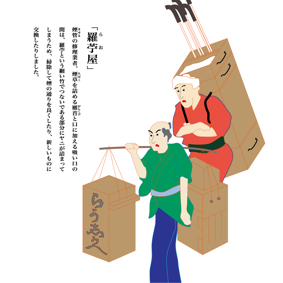 日本橋ぐるり 江戸時代のリサイクル業者シリーズ 其の十七は 羅苧屋 らおや 煙管 きせる の修理業者 煙草を詰める雁首と 口に加える吸い口の間は 羅苧という細い竹でつないである部分にヤニが詰まってしまうため 掃除して煙の通りを良くしたり 日本橋ぐるり 江戸時代のリサイクル業者シリーズ 其の十七は 羅苧屋 らおや 煙管 きせる の修理業者 煙草を詰める雁首と 口に加える吸い口の間は 羅苧という細い竹でつないである部分にヤニが詰まってしまうため 掃除して煙の通りを良くしたり