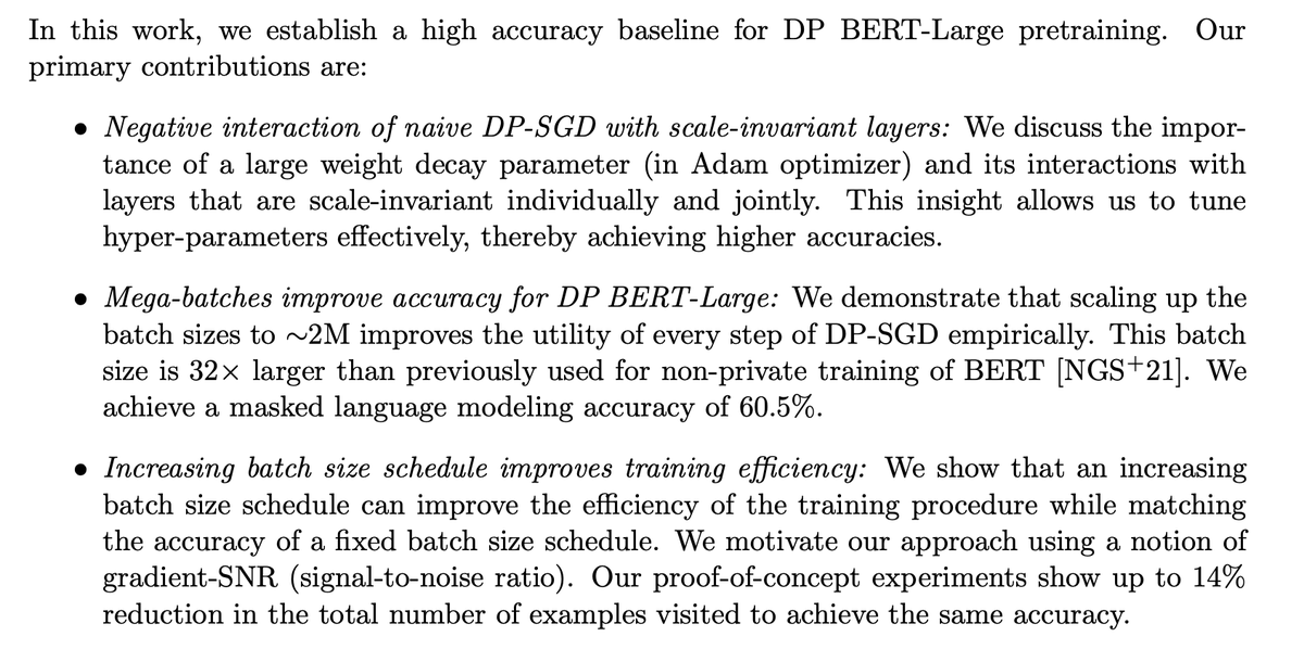 Large-Scale Differentially Private BERT
pdf: arxiv.org/pdf/2108.01624…
abs: arxiv.org/abs/2108.01624

achieves a masked language model accuracy of 60.5% at a batch size of 2M