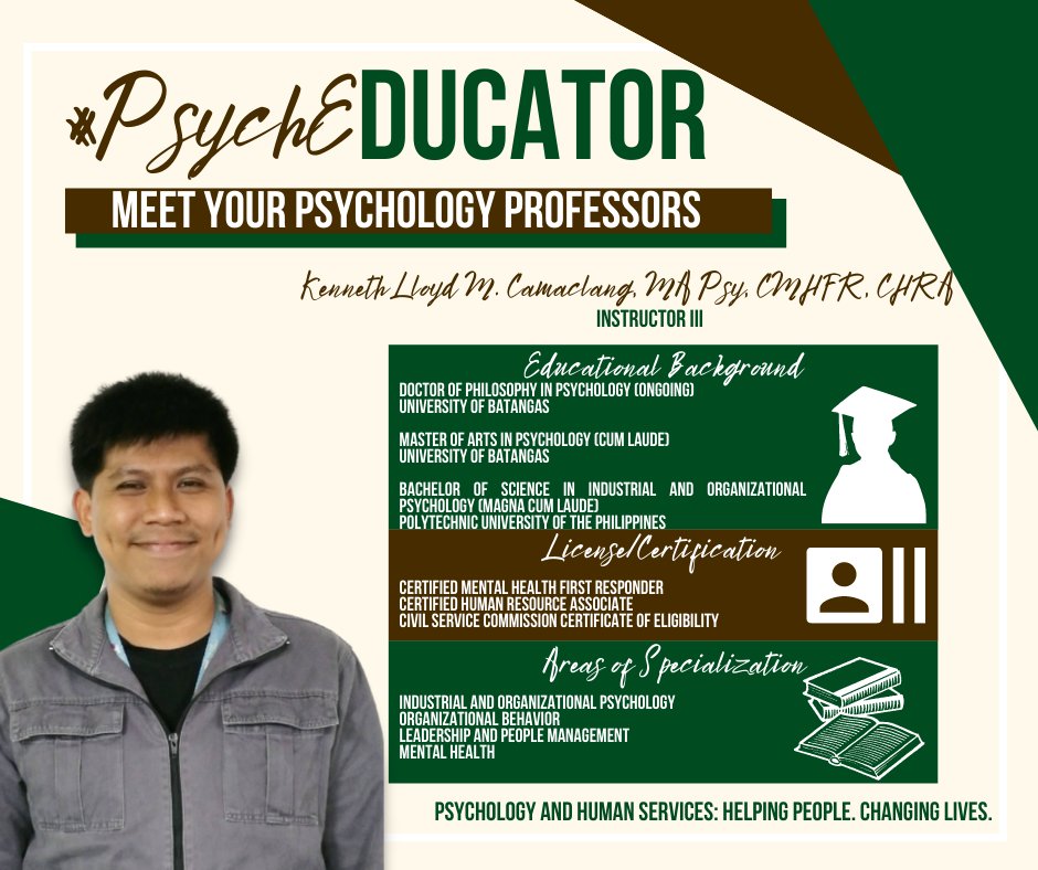 UB_OPS's tweet photo. #PsychEDUCATORoftheDay: Mr. Kenneth Lloyd M. Camaclang, MAPsy, CHRA, CMHFR is an active member of PMHA, PGCA and PSSP.π
#UBOPS. #PsychPower. #OPStoppable. #OPStrivingForExcellence. #ABPsychology. #BSPsychology. #BHumServ. https://t.co/RK2jMzTs2g