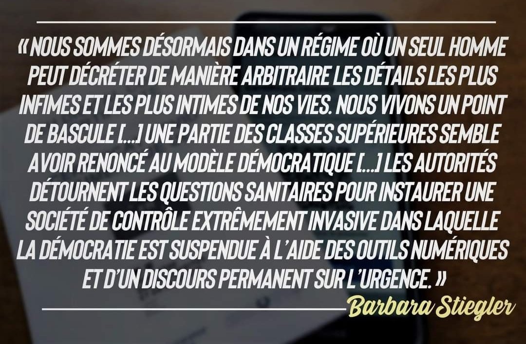 CgtTuifrance's tweet photo. #PassSanitaire
" Nous sommes désormais dans un régime où un seul homme peut décréter de manière arbitraire les détails les plus infimes de nos vies..." Barbara Stiegler 

Si c'est pas de la dictature, c'est vachement bien imité...🤔

#manif7aout #PassDeLaHonte https://t.co/Sw9pr7KKPx