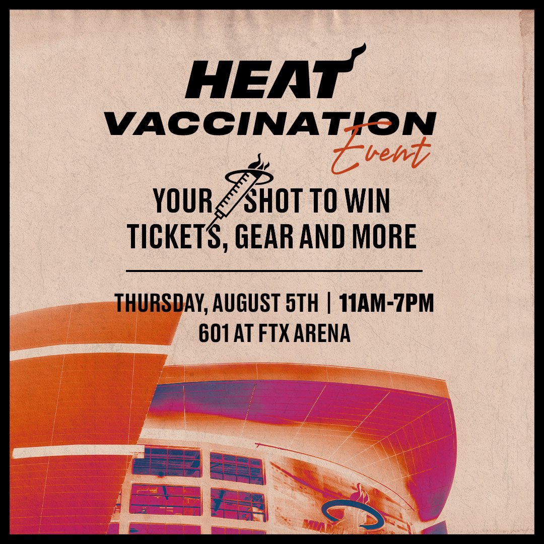 MayorDaniella's tweet photo. Miami-Dade is teaming up with @MiamiHEAT for a vaccine raffle and giveaway.

Ready to win HEAT, Bad Bunny, Kane Brown, Enrique Iglesias, The Weeknd, Fonseca, or Maluma tickets? 

Get vaccinated at @FTXArena on Thursday. Learn more: https://t.co/SigfuGHBA3 https://t.co/J32qLremeR