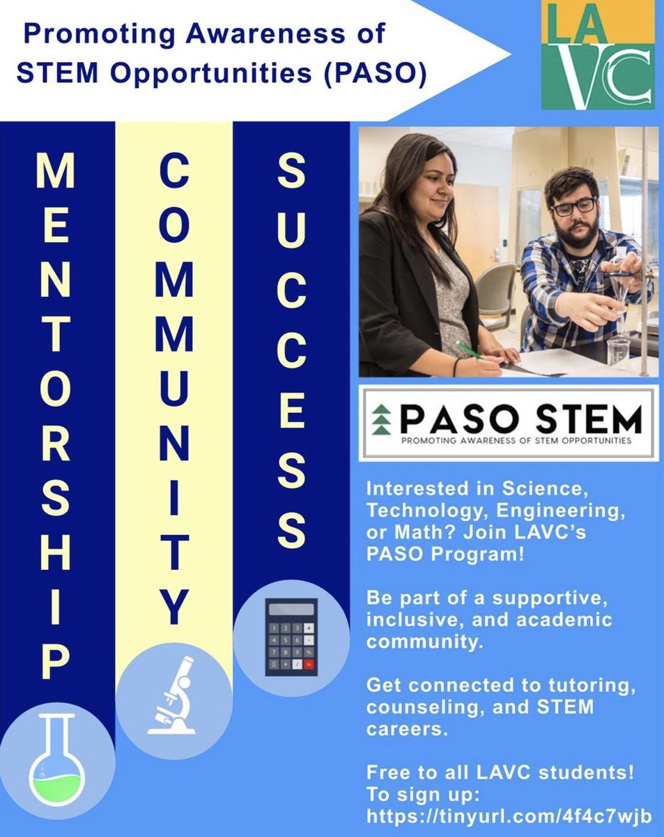 LAVCASU's tweet photo. 🩺LAVC’s STEM Program, Promoting Awareness of STEM Opportunities (PASO) is inviting you to be part of their supportive, inclusive, and academic community🩺

🔬This FREE PASO Program wants to connect you to tutoring, counseling, and STEM careers🔬

🚨LINK IN BIO TO JOIN🚨 https://t.co/26DZfrVJi9