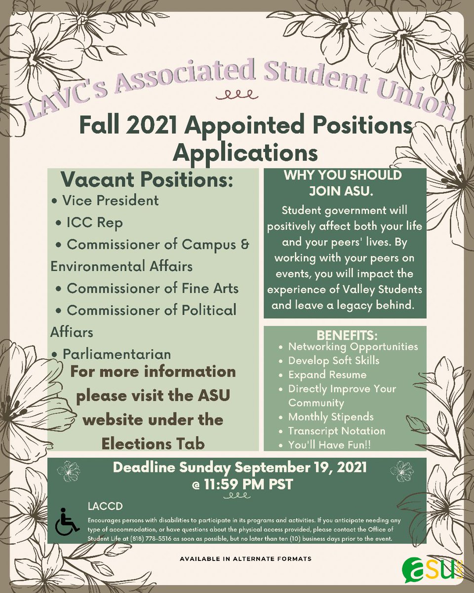 LAVCASU's tweet photo. 💚Join Student Government💚 

💛Vacant Positions💛:
- Vice President 
- ICC Rep
- Commissioner of Fine Arts 
-  Commissioner of Campus Environmental Affairs 
-  Commissioner of Political Affairs 
- Parliamentarian 

💥Deadline: 9/19/21 @ 11:59PM PST💥

🚨LINK ON BIO 🚨 https://t.co/lCsfPFA5MF