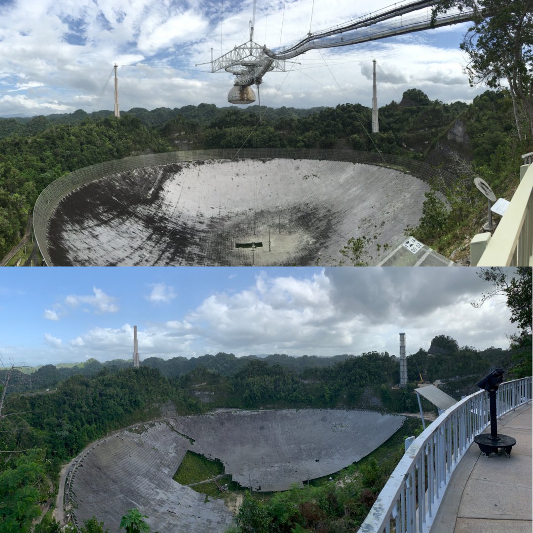 Otra imagen comparativa del antes y después del Radiotelescopio de Arecibo. En esta se aprecia la diferencia más rápidamente. <a href="/NAICobservatory/">Arecibo Observatory</a> <a href="/SaveTheAO/">Save the Arecibo Observatory</a>