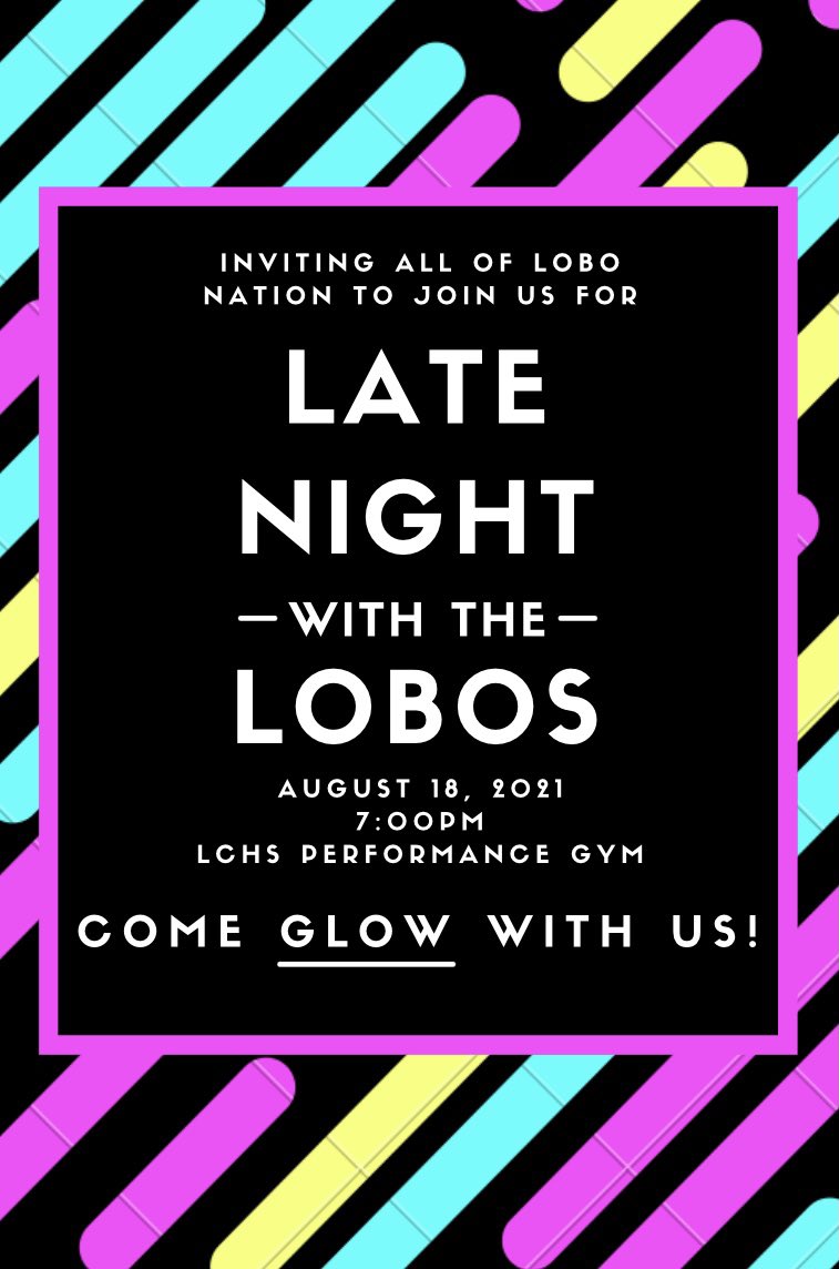 cheer_langham's tweet photo. Join us for Late Night with the Lobos on 8/18 @ 7 in the Performance Gym! Meet our Lobos, pickup some LC spirit gear, see our band, Bailadoras, and cheerleaders in action and get ready for an amazing start to 2021-22! #lobonation https://t.co/koSKNMWLnv