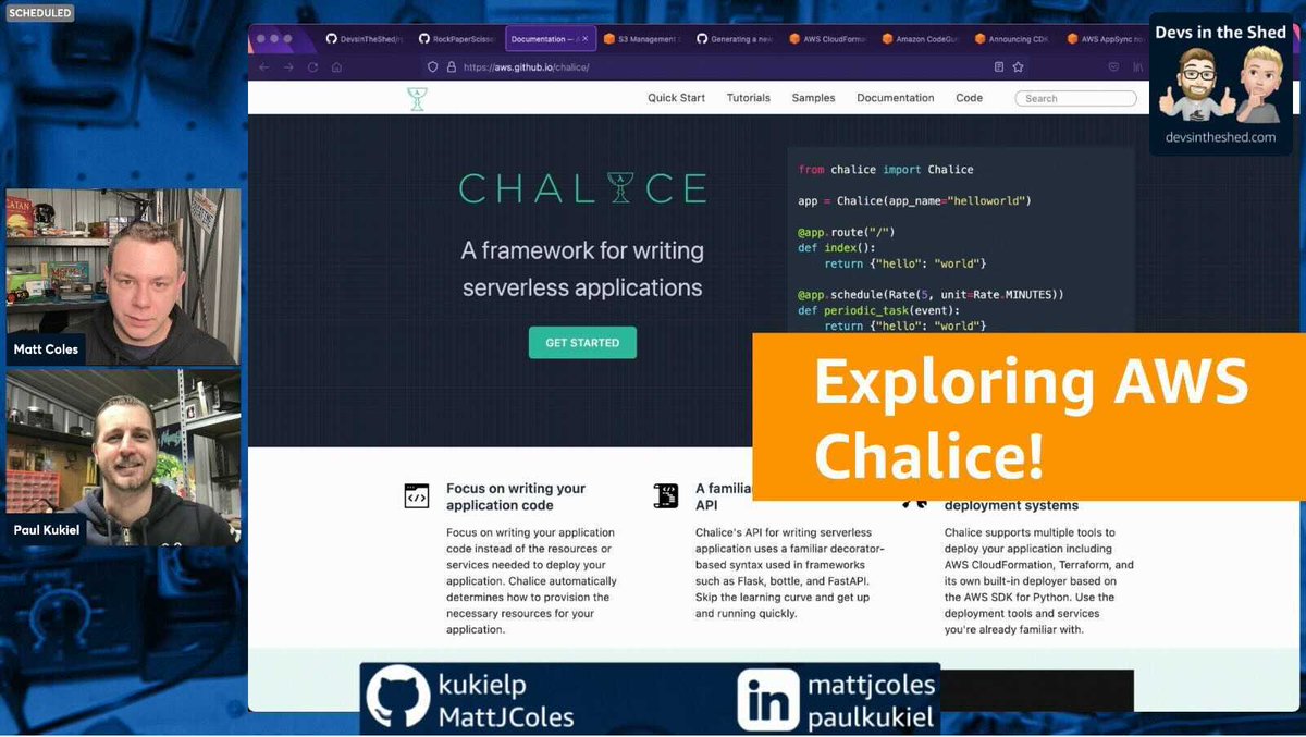 paulkukiel's tweet photo. Coding live now on Twitch at https://t.co/Yi09NEmnBy with @mattcoles87 #DevsInTheShed We are diving into Chalice, Lambda and Python with a sprinkle of cloudfront
and myself. #devs #developer #python #javascreipt #aws #clod #nodejs #dotnet #Serverless https://t.co/iDmskLvTWH