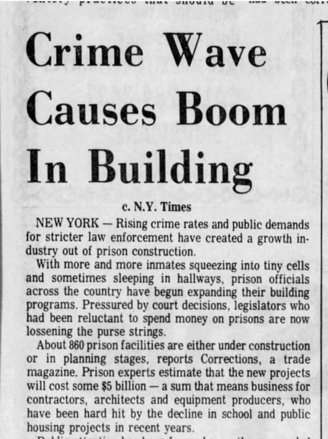 bshelburne's tweet photo. Mass incarceration was never about justice. 1977 growth industry = 860 prisons built for $5 billion- "that means business for contractors, architects &amp; equipment producers who have been hard hit by the decline in school &amp; public housing projects." It has always been about money. https://t.co/vWFPEj6bp4