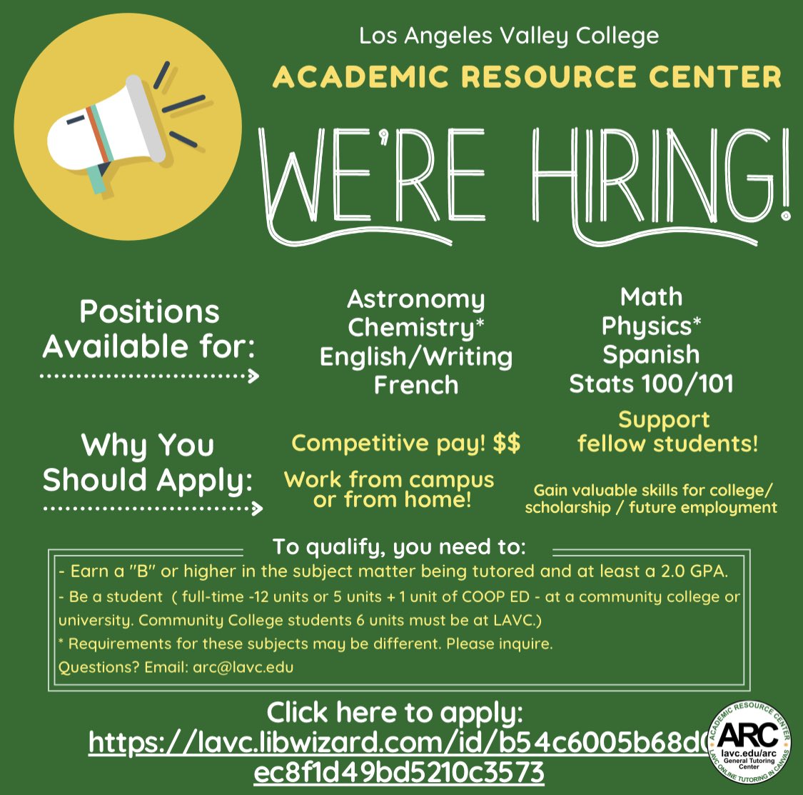 LAVCASU's tweet photo. 📚LAVC Academic Counselors Needed📚

✏️ Eligibility ✏️:
- “B” Grade or higher in the subject matter 
- +2.0 GPA 
- Be a student at Valley with at least 6 Units 

Questions Email: ARC@LAVC.EDU Link In Bio https://t.co/qreE0Xe9JA
