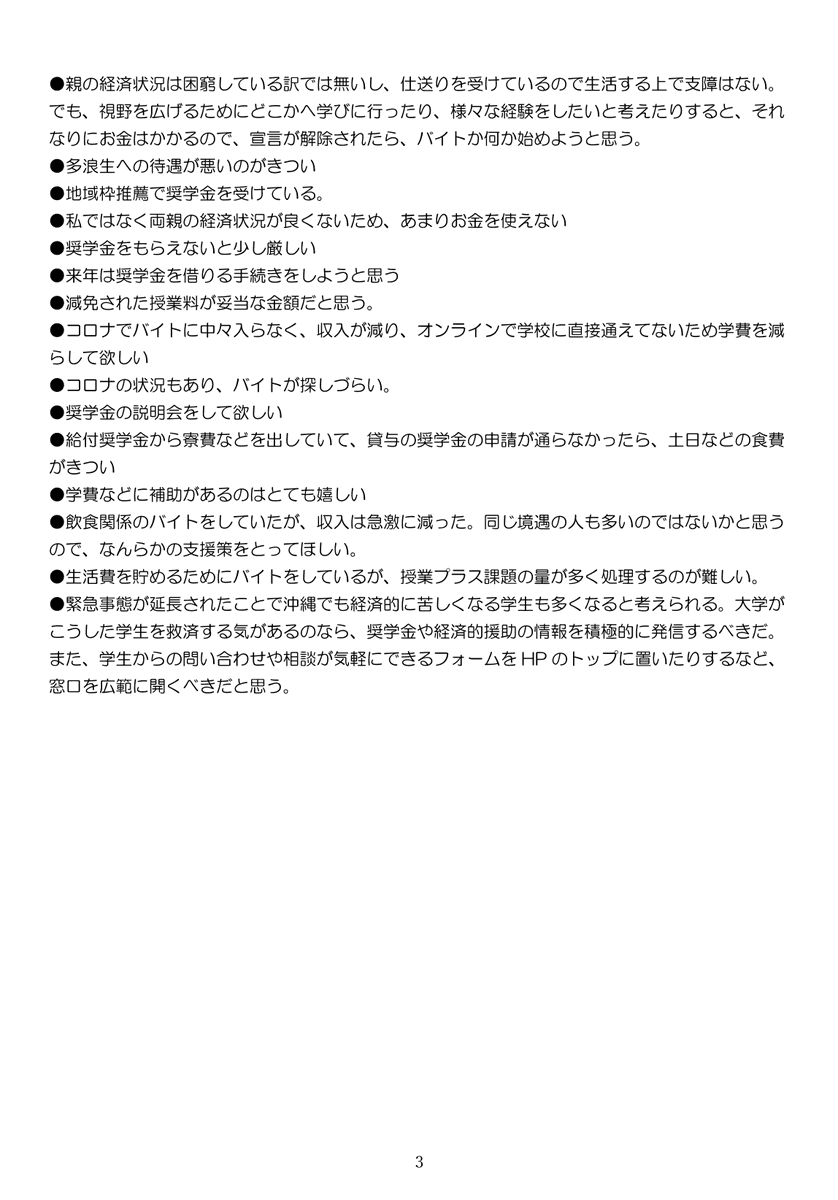 琉球大学学生会 On Twitter 報告 琉大学生会で行なった琉大生１ ２年生への学生生活アンケートにもとづいて 大学側に困窮学生への支援を要請しました また 経済状況についてのアンケート結果や寄せられた声を添付しましたので ぜひ見てください 琉球大学