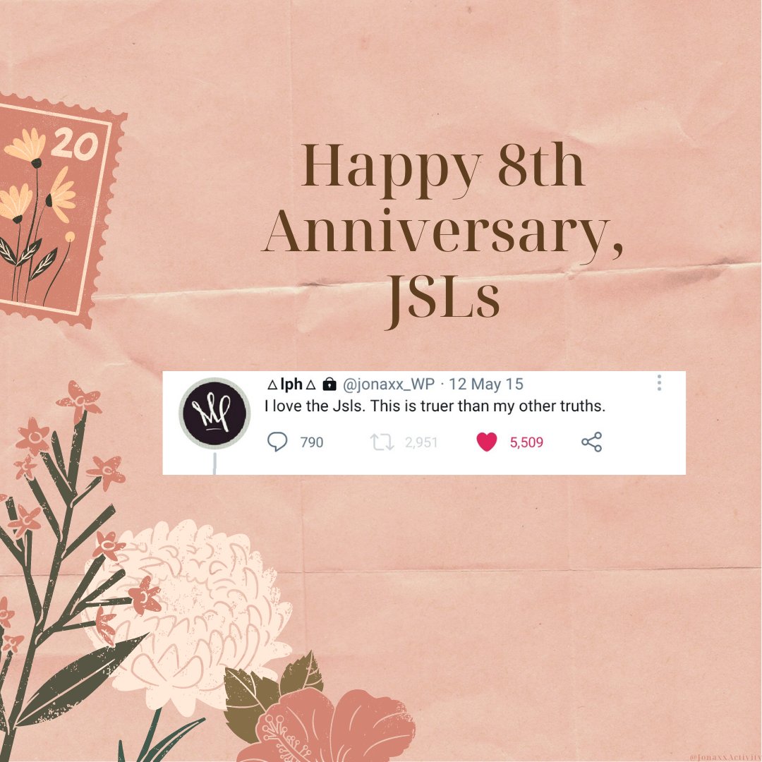 JonaxxActivity's tweet photo. Happy 8th Anniversary mga mahal ko! ｡*♡

#JSLsEIGHTfinityYears https://t.co/k8buK1fG8c
