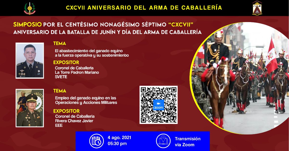 EjercitoPeru's tweet photo. #AnuncioEP | El Ejército del Perú se complace en invitar al Simposio por el 197 aniversario de la Batalla de Junín y Día del arma de Caballería.
🗓 miércoles 4 de agosto
🕓17:30 horas
▶️Vía Zoom
📣Ingresa por codigo QR o este link:
https://t.co/aIFfb0oMdW https://t.co/zrUc4gmG5J