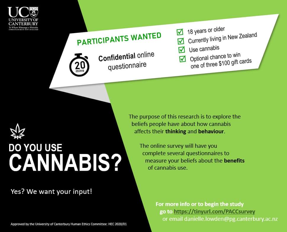normlnz's tweet photo. Have you used cannabis? Researchers at @UCNZ would like to better understand your beliefs about the benefits of #cannabis use. Please consider participating in this confidential 20 minute online study. >> More details in the comments >> https://t.co/itaN12erWu