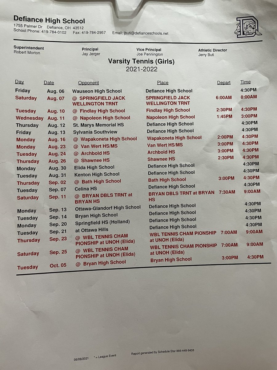 DefianceGT's tweet image. DHS Girls Tennis Schedule 2021-2022 🎾