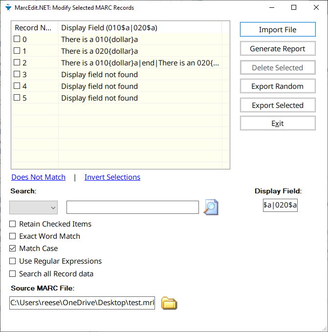 I had some questions about how to isolate records missing multiple fields in one step.  I've updated the Extract/Delete Selected Records allowing the display field to include "x" and "|" so you can do things like 65x to find all 65[0-9] fields or 010$a|020$a for recs with both