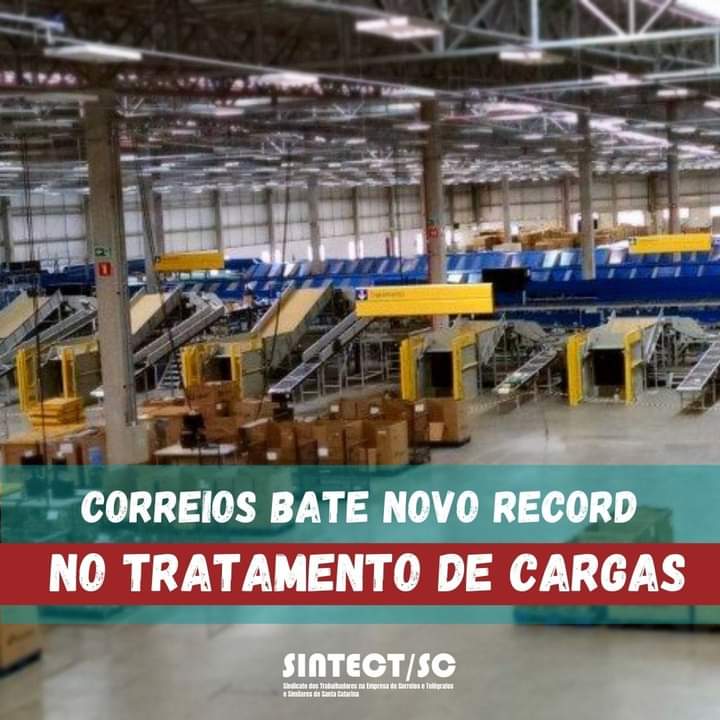 sintectsc's tweet photo. CORREIOS BATE NOVO RECORDE NO TRATAMENTO DE CARGAS - Apesar de todo o boicote aos trabalhadores dos Correios, realizado pelo governo e pela direção da empresa, a categoria segue trabalhando e promovendo novos recordes para a estatal.

#FENTECT 
#CUTSC 
#CORREIOS https://t.co/H1HLQ0RTNX