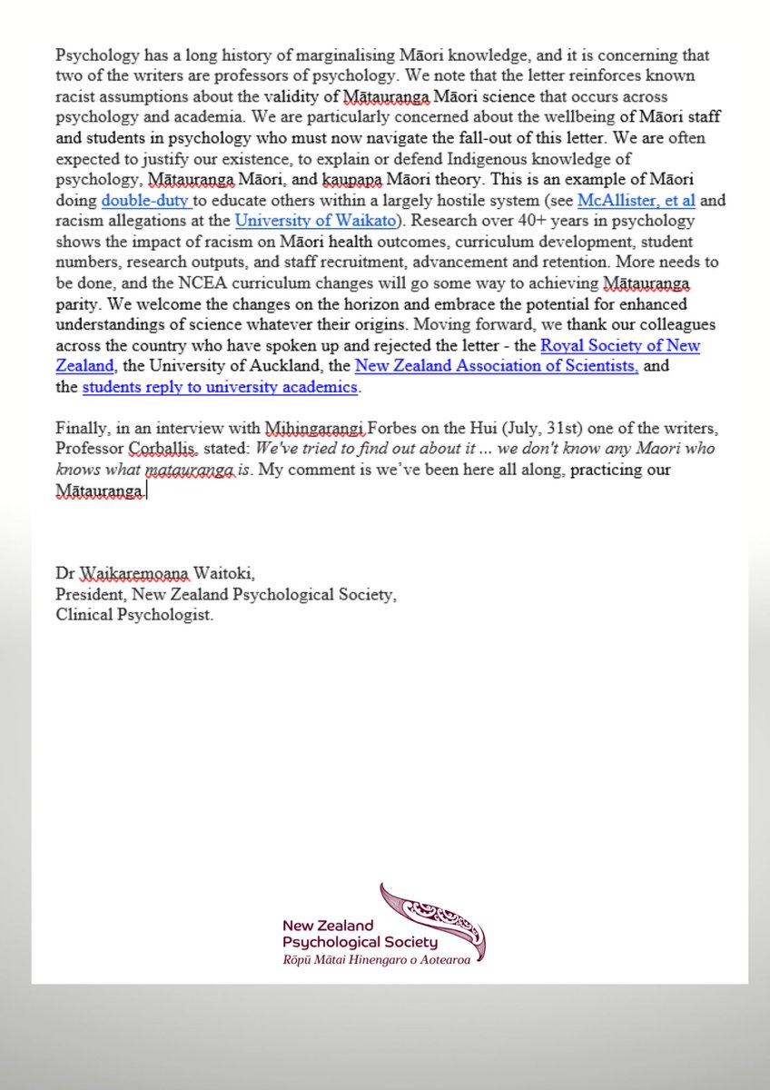 NZPsS President expresses our disappointment in the recent letter in the Listener regarding Mātauranga Māori and Western Science
<a href="/royalsocietynz/">Royal Society Te Apārangi</a> <a href="/AucklandUni/">University of Auckland | Waipapa Taumata Rau</a>
