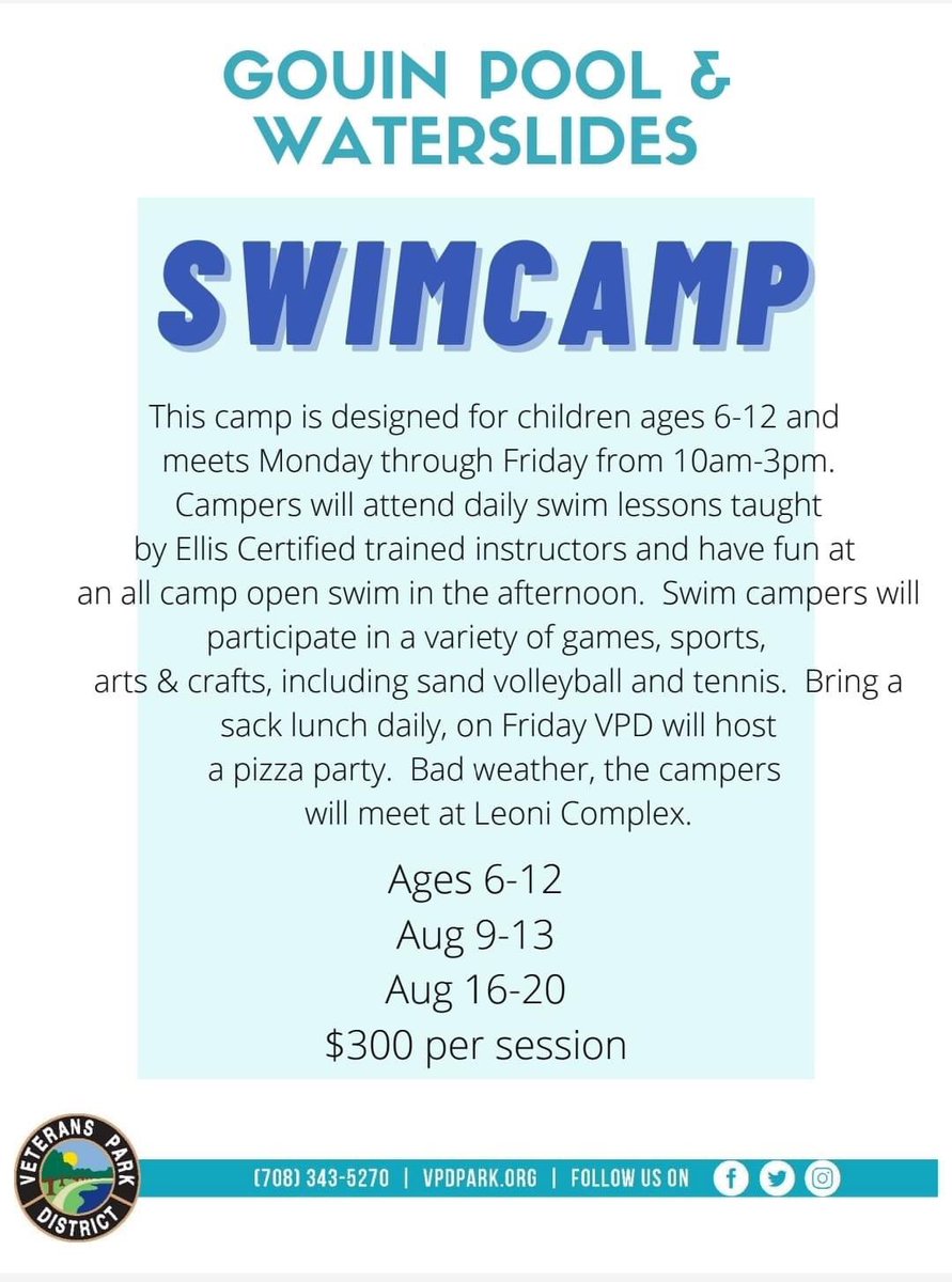 VPDpark's tweet photo. 💦NEW Swim Camp at Gouin Pool  starting next week August 9th from 10-3pm . Call 847-451-9396 for info and to register.🏊🏽 https://t.co/xzhDxy2WSR