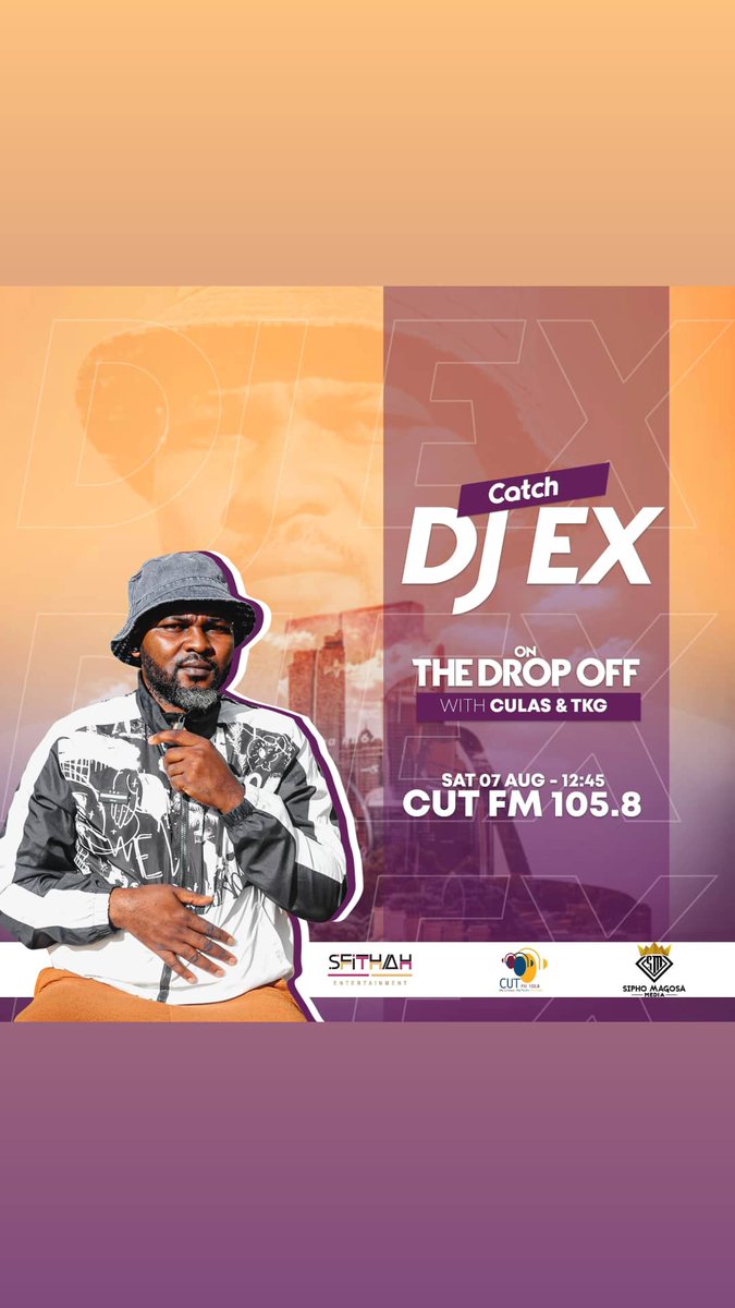TheRealDJEx's tweet photo. Catch DJ Ex interview on CUT FM 105.8 on The Drop Off with Culas &amp; TKG on the 7th of August 2021
@siphomagosamedia
@Sfithah https://t.co/hQZ5Uf3IBB