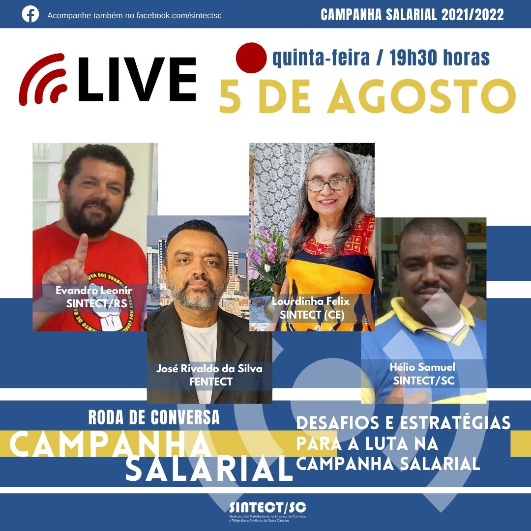 sintectsc's tweet photo. Nesta quinta-feira, dia 5 de agosto, a partir das 19h30, o Sintect/SC promove mais uma live para debater a situação dos trabalhadores dos Correios na Campanha Salarial com foco na luta contra a privatização - PL 591. 

#CORREIOS
#SINTECTSC
#FENTECT
#CUTSC https://t.co/zXMQTi8k8D https://t.co/KfWBjYTa7G