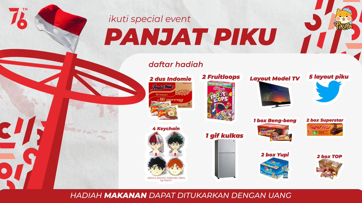 pikuupa's tweet photo. 🇮🇩 PANJAT PIKU 🇮🇩

Kami mengajak seluruh warga twitter ikut meramaikan HUT RI ke-76🇮🇩

Banyak hadiahnya! 🙌🏻

Syarat :
1. FOLLOW @pikuupa
2. RETWEET tweet ini
3. REPLY foto kamu dengan twibbon HUT RI pikupa + harapan kamu untuk Indonesia
4. Ajak teman kamu ikutan!

🗓 18 / 08 / 21 https://t.co/AsHMJssGSZ