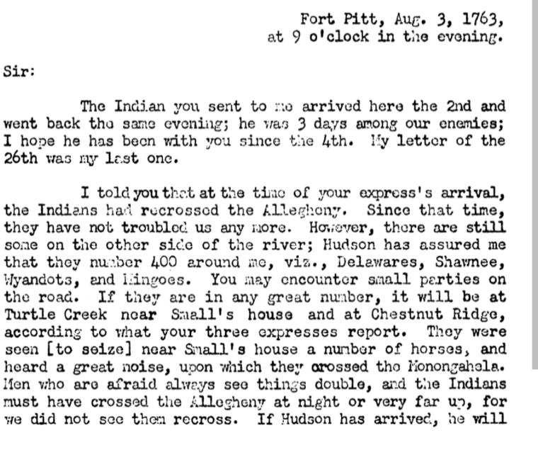 BushyRun1763's tweet photo. Another letter from Capt Ecuyer at Ft Pitt to Col Bouquet #OTD in #history. He wasn't too far off in his place (Turtle Creek) where Bouquet  might be attacked on his march. Bouquet was planning on moving through the Turtle Creek valley after stopping at the #BushyRun way station. https://t.co/jgQnzmlvZ7
