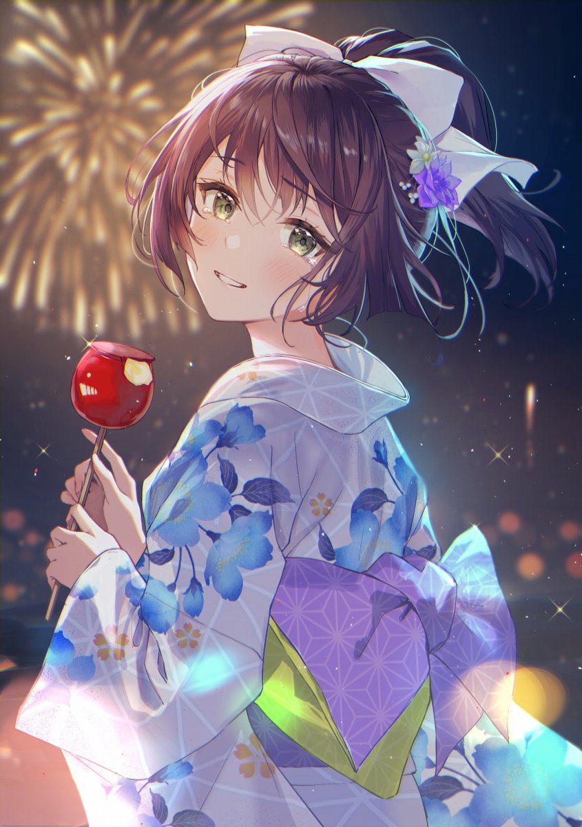 1girl solo food japanese clothes kimono fireworks flower  illustration images