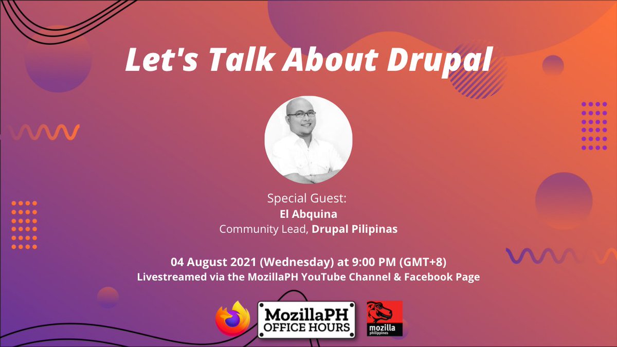 MozillaPH's tweet photo. Updan nyo kami karun sa gabi, alas nwebe para sa isa ka edisyon sang MozillaPH Office Hours. Aton paga-istoryahan ang Drupal upod si El Abquina sang Drupal Pilipinas.
YouTube: https://t.co/pm9RUk7ayI
FB Live: https://t.co/5IF15UDHjF
#MozillaPH #DrupalPH https://t.co/PZSwJGWBUL