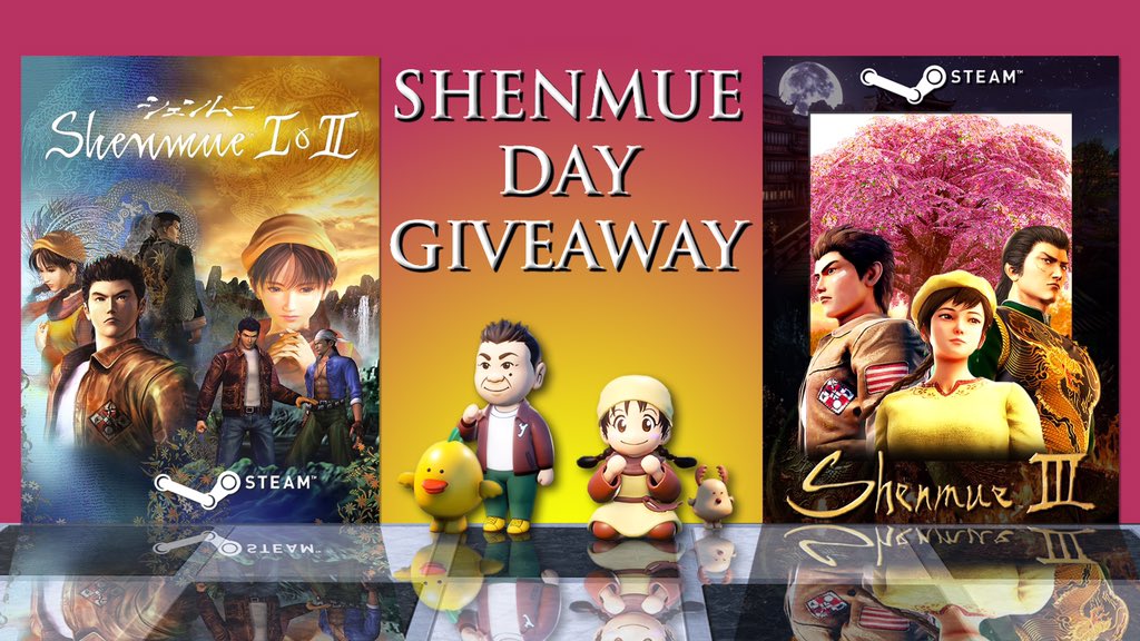🎁 SHENMUE DAY GIVEAWAY🎁

Retweet➕Like for a chance to win #Shenmue I&amp;II AND #Shenmue3 on STEAM! (Global)

Winner announcement this coming Sunday! Good luck to everyone!

“Shenmue is more than a game. It’s an experience.”
#LetsGetShenmue4