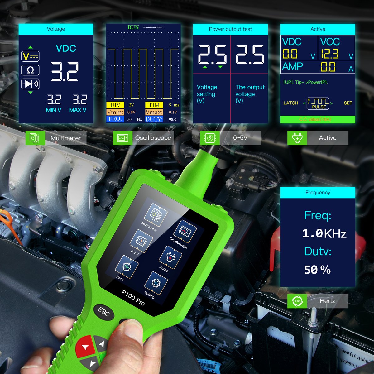 jdiag1's tweet photo. P100Pro(1)
Function：
1、Intelligent identification of voltage/resistance
2、Multimeter mode (measure voltage, resistance, diode, continuity )
3、Oscilloscope function
4、Activation of vehicle components
5、0-5V adjustable power supply
6、frequency
7、Network online free upgrade https://t.co/h8ub2j90m2