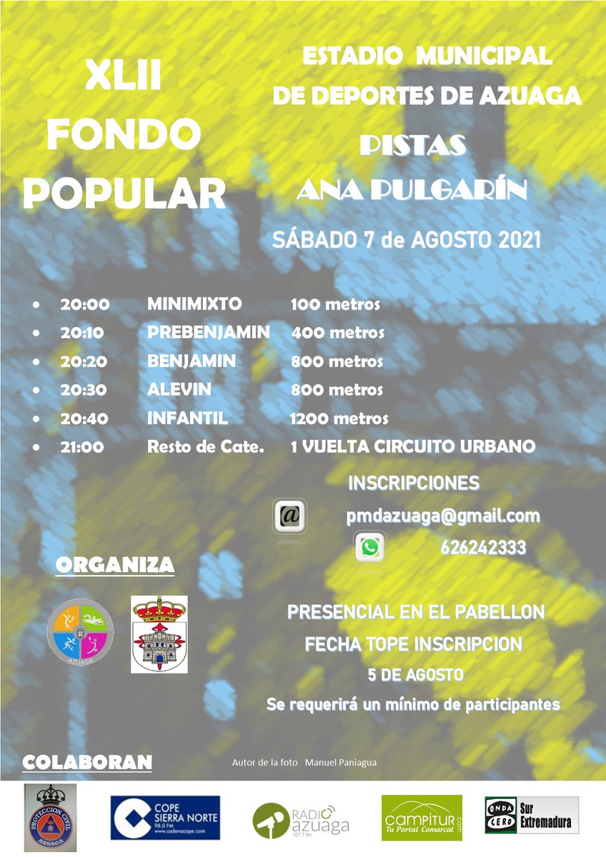 ondacope's tweet photo. AZUAGA: 7 de agosto XLII FONDO POPULAR 
Enlace audio entrevista al monitor de la Escuela de Deportes de Azuaga, José Juan Morillo: https://t.co/AbyHFgKtoK https://t.co/8BIaaIKvbe