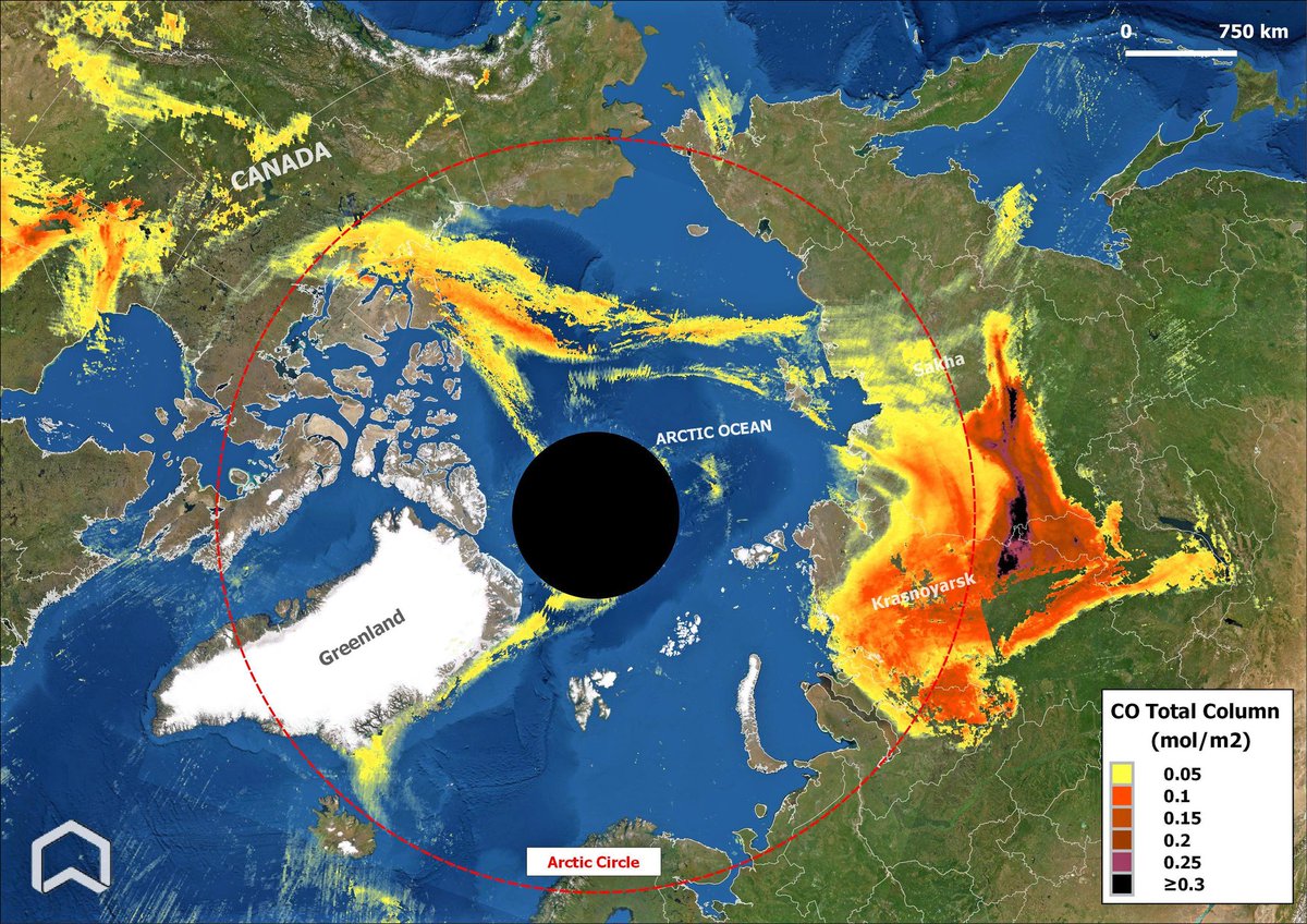 🔴 Russian wildfires emissions update: smoke reached #Canada and #Iceland on Aug. 3rd 2021 as spotted by #Copernicus #Sentinel5P CO Total column map and earlier forecasted by <a href="/CopernicusECMWF/">Copernicus ECMWF</a> CAMS. #AirQuality #wildfires2021Russia #ClimateEmergency <a href="/WMO/">World Meteorological Organization</a> #Yakutia #Siberiafire