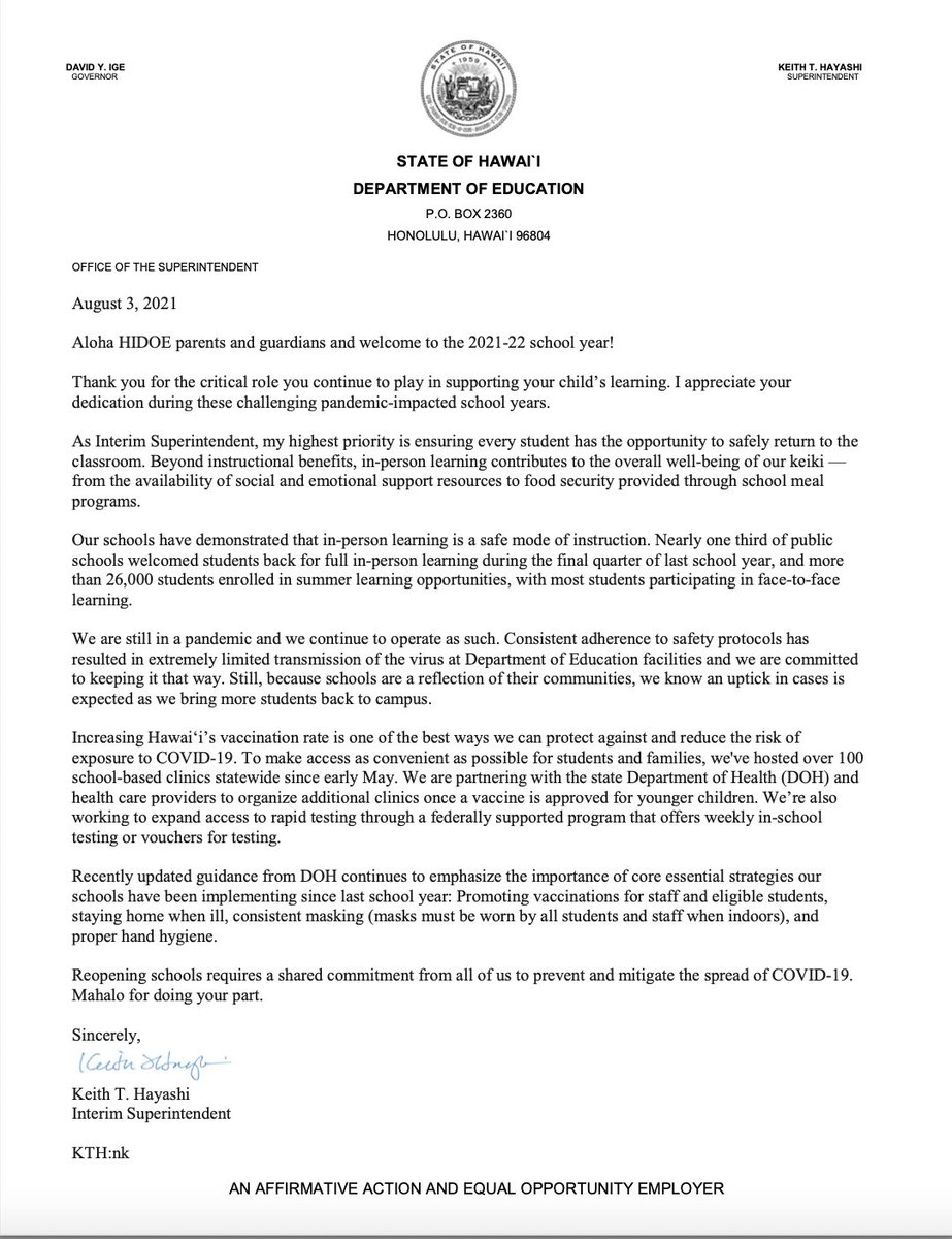 Parent Letter from Interim Superintendent Keith Hayashi regarding school year 2021-2022 #togetherwegrow #waiākeahigh