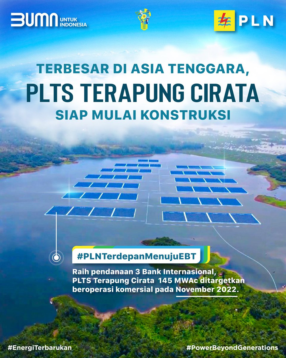Electrizen, SAATNYA DIMULAI..
#PLNTerdepanMenujuEBT 
 
Meraih dukungan pendanaan dari 3 Bank Internasional, konstruksi PLTS Terapung Terbesar di Asia Tenggara segera dimulai. 

#PowerBeyondGenerations #EnergiTerbarukan #RenewableEnergy #PLN #EBT #PLTSTerapungCirata
