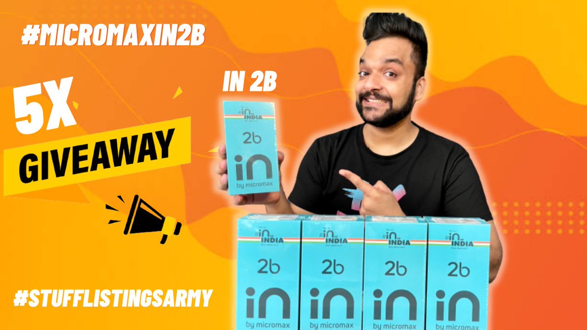 stufflistings's tweet image. For today, I am giving away FIVE #MicromaxIN2b devices to the #stufflistingsarmy.
To win:
1. Retweet this tweet using the #stufflistingsarmy, #MicromaxIN2b, and #NoHangPhone
2. Answer 5 questions (use the # with your answers)
3. Subscribe: youtube.com/c/StuffListing…
ATB ❤️