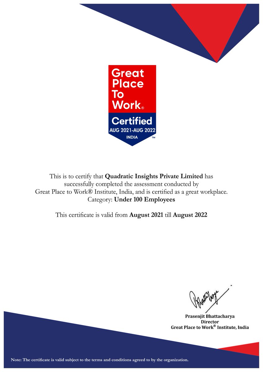 We are happy to announce that Quadratyx certified as a GREAT PLACE TO WORK #Quadratyx #dataanalytics #Datascience #greatplace2work #currentlyhiring