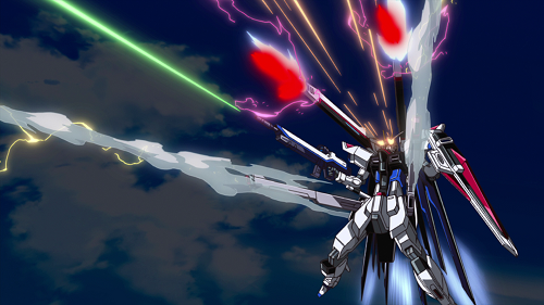 ガンダム モビルスーツ バイブル Gmb 通信 一方のこちらはハイマットモードではない 通常の状態でのフルバースト ウイングが背後に畳まれているのがわかります あわせて頭部の近接防御用機関砲を使っているのが面白いですね ガンダム モビルスーツ