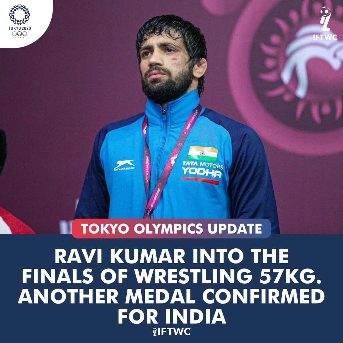 IFTWC's tweet photo. 4th medal for India🇮🇳❤️

Ravi Kumar Dahiya confirms India's fourth medal in Tokyo Olympics after winning the semifinal in extraordinary fashion!🔥🔥

Jai Hind🇮🇳

#Olympics #Tokyo2020 #TeamIndia https://t.co/JgALXKM3Yp
