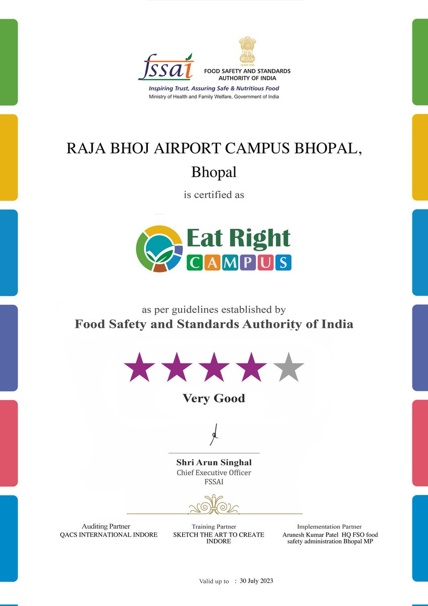 aaibplairport's tweet photo. Now AAI's #BhopalAirport became the #FirstAirport in India who has been declared as 'Eat Right Campus' by @fssaiindia Food Safety and Standards Authority of India. We thank our esteemed passenger for their valuable support.
@AAI_Official @aairedwr https://t.co/S5gsR85s6F