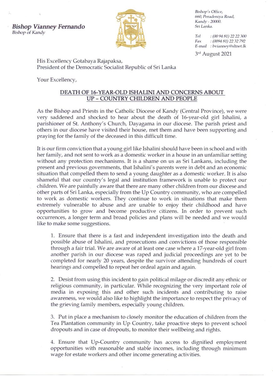 KandyHuman's tweet photo. “Justice for Ishalini” - The Bishop and Priests in the Catholic Diocese of Kandy, issued a statement to ensure that there is a fast and independent investigation into the death and possible abuse of Ishalini, with 07 demands on behalf of the tea plantation community. https://t.co/hf4oGFyUiy