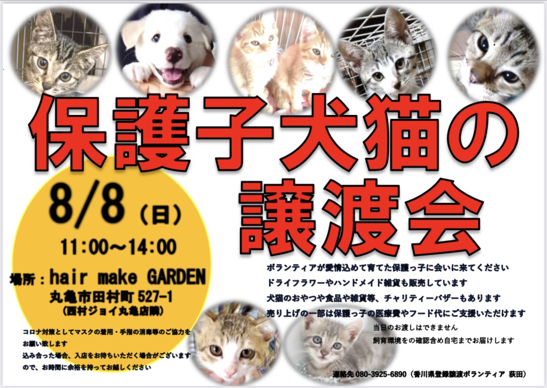 ポスティング部 香川県 R4年1月1日より 動物愛護団体 縁 En として活動開始 譲渡会を開催します 拡散お願いします 日時 8 8 日 11時 14時 場所 丸亀市田村町527 1 西村ジョイ丸亀店隣 Hair Make Garden 経営者様の御厚意で とても