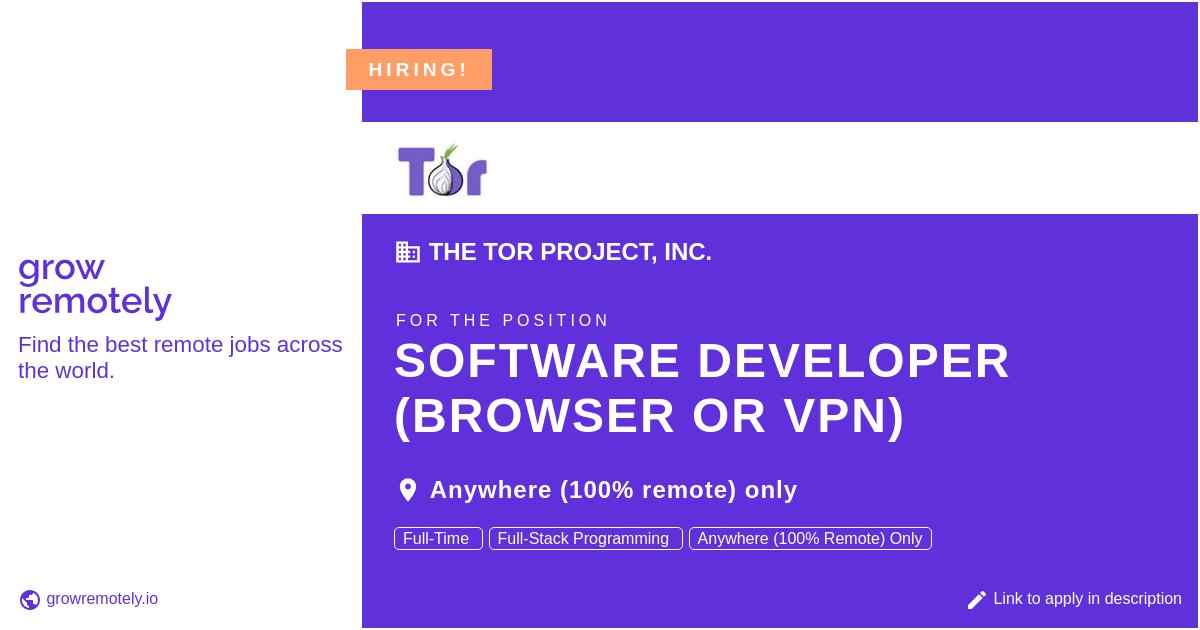 growremotelyio's tweet image. Check out this job at The Tor Project, Inc. for the position Software Developer (Browser or VPN).

 Apply link: growremotely.io/?id=6109d8c369…

#hiring #remotejobs #TheTorProject,Inc. #Programming