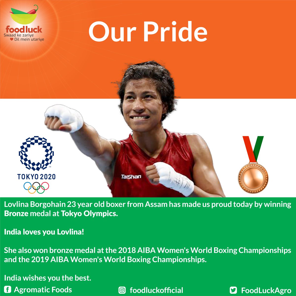FoodLuckAgro's tweet photo. India loves you Lovlina for the BRONZE and your efforts. @LovlinaBorgohai
#Lovelina #LovlinaBorgohai #bronzemedal #boxingplayer #boxing #sports #TeamIndia #india #Cheer4India #IND #IndiaAtTokyo2020 #IndiaAtOlympics #Tokyo2020 #Olympics #olympic #olympicgames #foodluck #agromatic https://t.co/Azsr4FjgmI