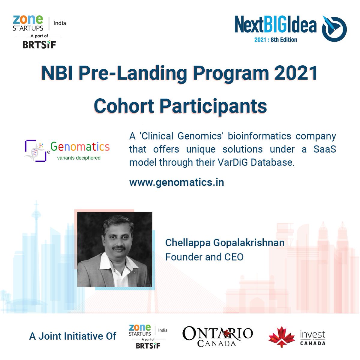 Zone Startups/India warmly welcomes Chellappa Gopalakrishnan Founder &amp; CEO Genomatics Pvt Ltd to the #NBI2021 Pre landing program.

We wish the cohort member "All The Best" as they embark on this journey with us on preparing for #softlanding in #Canada

#entrepreneur #startup