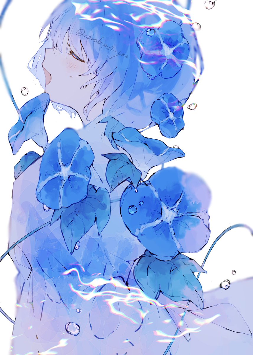 1girl flower solo closed eyes open mouth blue flower short hair  illustration images