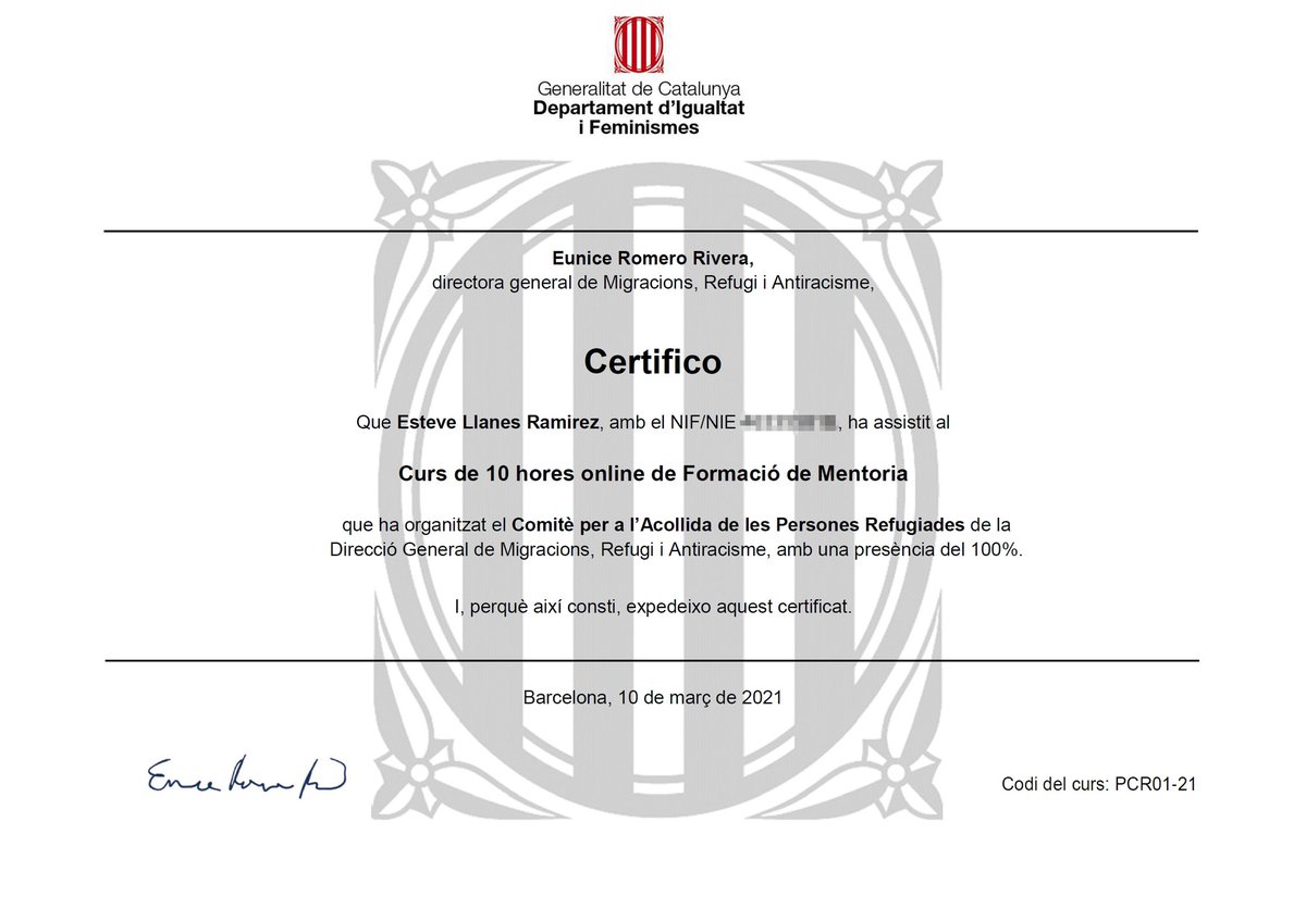 EsteveLLanes's tweet photo. Avui he rebut el Certificat sobre el Curs de formació de mentoria organitzat pel Comitè per a l'Acollida de les Persones Refugiades de la Direcció General de Migracions.

@gencat
#Gencat
#refugiats
#refugiados
#Parets https://t.co/vq5d6GWjkW