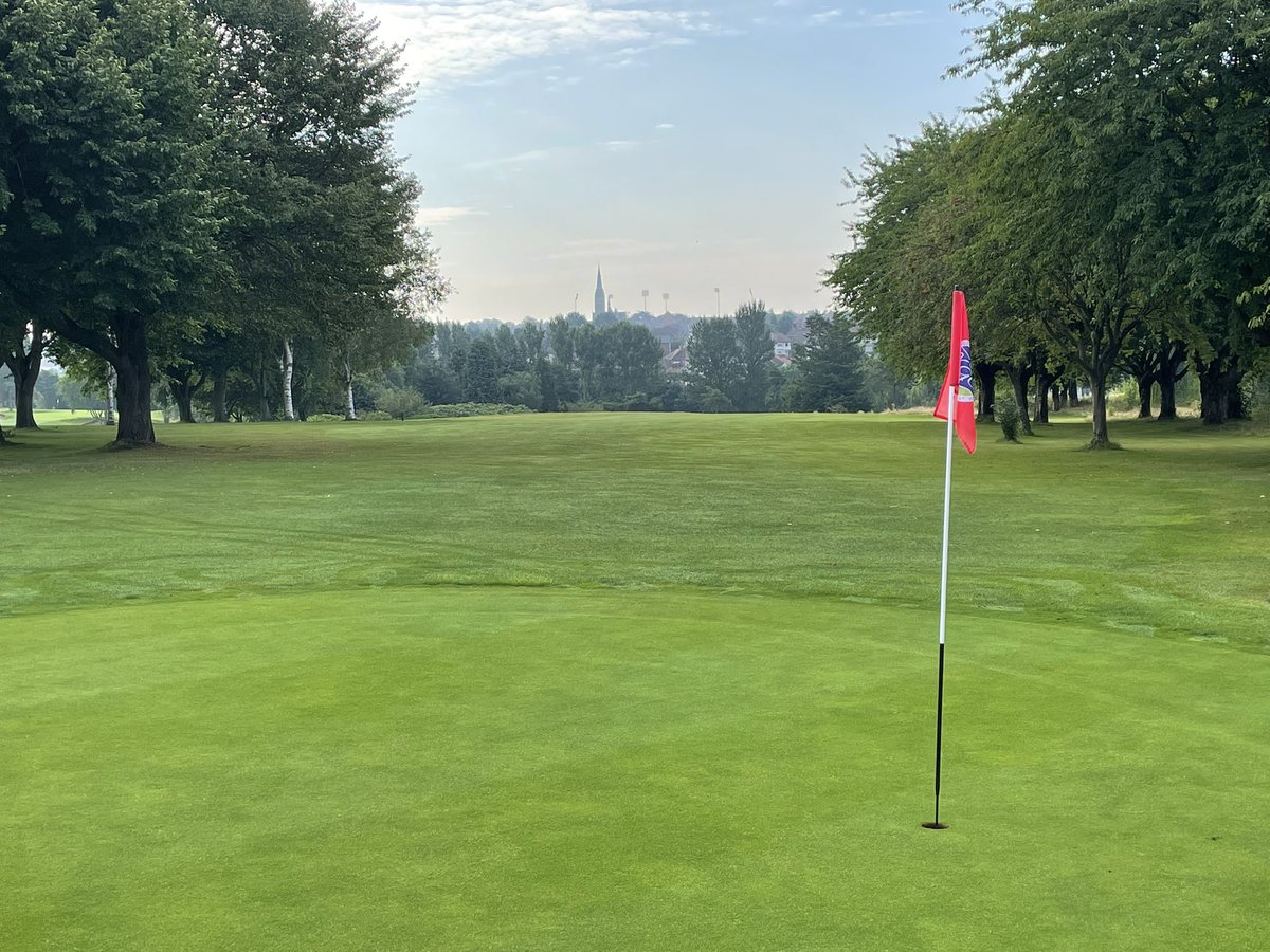 KGreenies's tweet image. Double cutting greens ready for @AlexWakely1  golf day this afternoon. Quite appropriate you can see the floodlights of the county ground in background looking back down the 10th. Have a great day!