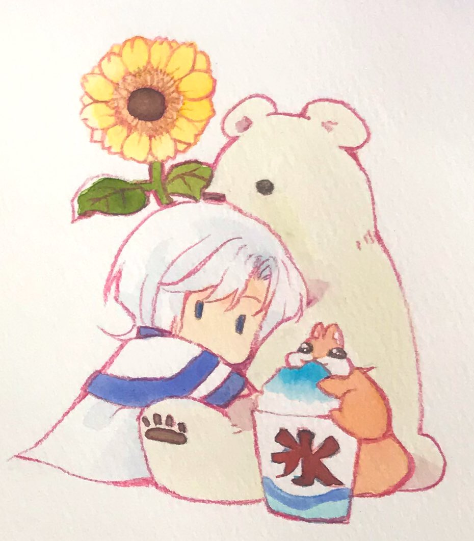 shaved ice flower 1boy white hair sunflower male focus food  illustration images