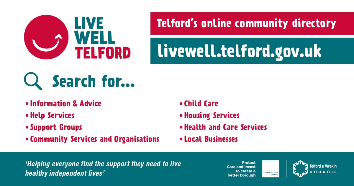 TelfordWrekin's tweet photo. 🕒 Save time, go to Live Well Telford! 🕒
👇 
https://t.co/7vJtkmAZrJ 
It has many useful links to quickly find services in the borough.
You can search by age range, area, service types &amp; other criteria to find the right match of what you are looking for. 
Why not give it a try? https://t.co/A1J6nhzXc0