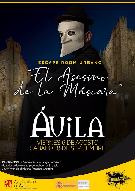 Escape Room urbano. 'El asesino de la máscara'
El próximo 6 de agosto, en dos turnos, a las 22 y las 22.30 h.
Gratuito, con inscripción previa en el Espacio Joven Alberto Pindado o a través de la sede electrónica municipal, sede.avila.es avila.es/articles/joven…