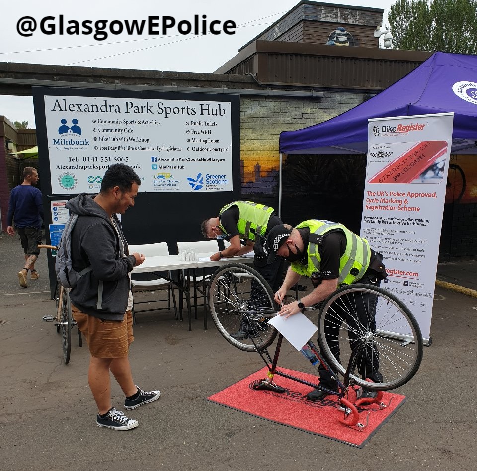 GlasgowEPolice's tweet photo. Yesterday's bike marking event with @GlasgowEPolice was a great success! 

Don't worry as they are back today &amp; tomorrow at Milnbank Housing Association sports hub in Alexandra Park 10-12.

Come along and get your bike marked and registered for free!

@bikeregister 
#OpOptimize https://t.co/69pnpjABrO